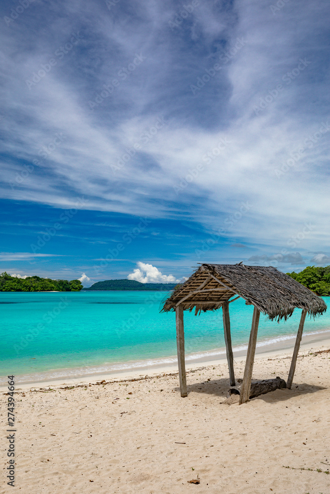 Port Orly sandy beach with palm trees, Espiritu Santo Island, Vanuatu.