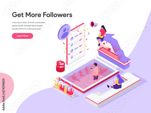 Landing page template of Get More Followers Isometric Illustration Concept. Isometric flat design concept of web page design for website and mobile website.Vector illustration