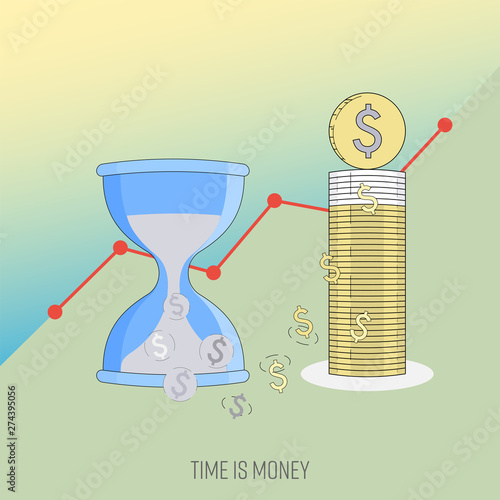 Time is money. Value of time. Being effective at work. Productive routine concept. Vector illustration outline flat design style.