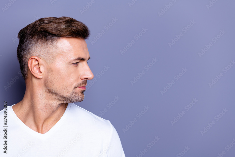 Close up side profile photo amazing he him his middle age macho perfect ideal appearance easy-going reliable person look calm not talk tell speak say wear casual white t-shirt isolated grey background Close up side profile photo amazing he him his middle age macho perfect ideal appearance easy-going reliable person look calm not talk tell speak say wear casual white t-shirt isolated grey background