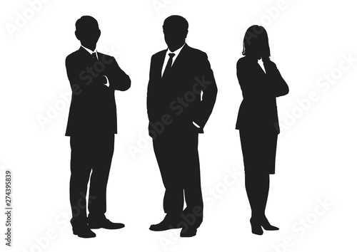 Business people group silhouettes pose on white background, flat line vector and illustration.