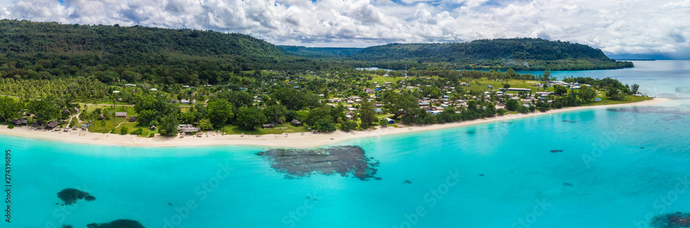 Port Orly sandy beach with palm trees, Espiritu Santo Island, Vanuatu. - obrazy, fototapety, plakaty 