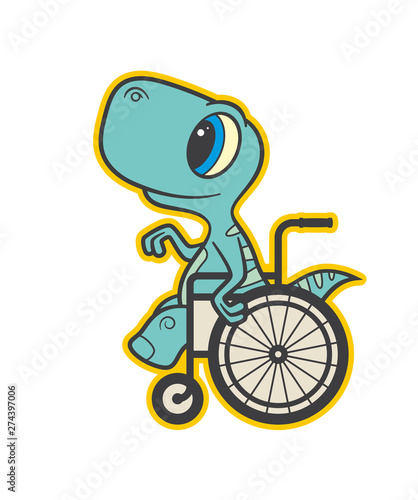 Vector colored sign sticker, baby dinosaur seat on wheelchair. Isolated on white background.