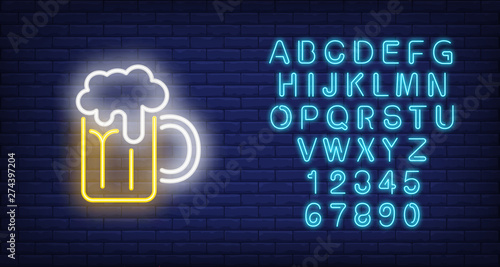 Beer mug with froth on brick background. Neon style illustration. Pub, bar, Oktoberfest. Alcohol banner. For holiday, beverage, nightlife concepts
