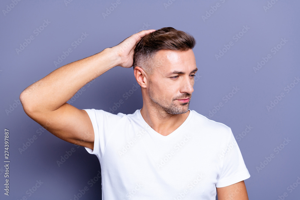Close up photo amazing he him his middle age macho ponder pensive perfect appearance hands arms hold head neat hairdress styling stylist salon wear casual white t-shirt isolated grey background Close up photo amazing he him his middle age macho ponder pensive perfect appearance hands arms hold head neat hairdress styling stylist salon wear casual white t-shirt isolated grey background