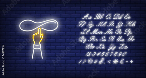 Hand tossing pizza dough neon sign. Pizzeria advertisement design. Night bright neon sign, colorful billboard, light banner. Vector illustration in neon style.