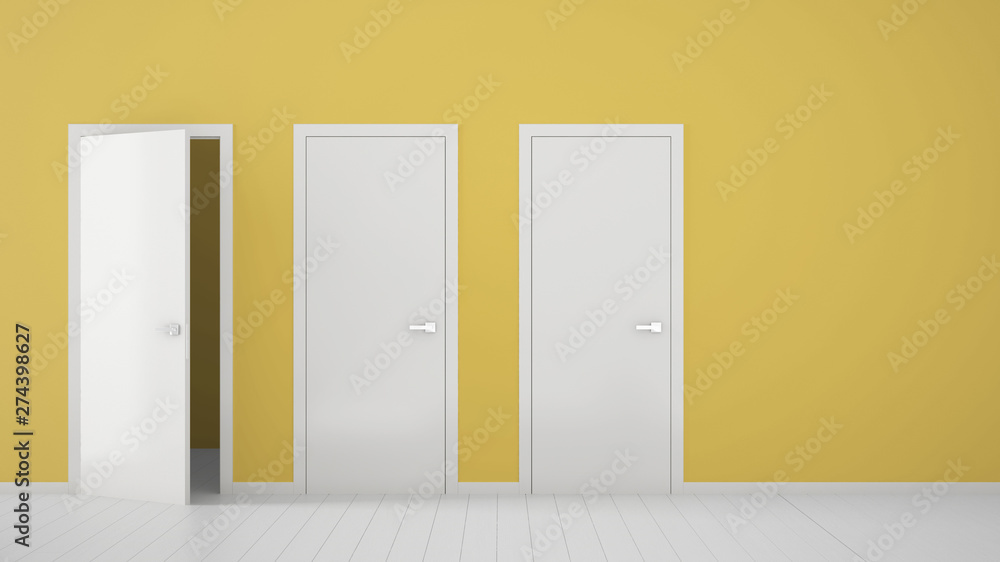 Empty yellow room interior design with closed and open doors with frame, door handles, wooden white floor. Choice, decision, selection, option concept idea with copy space Empty yellow room interior design with closed and open doors with frame, door handles, wooden white floor. Choice, decision, selection, option concept idea with copy space