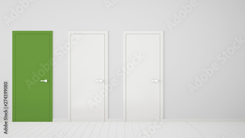 Fototapeta Naklejka Na Ścianę i Meble -  Empty white room interior design with closed doors with frame, one green door, wooden white floor. Choice, decision, selection, option concept idea with copy space