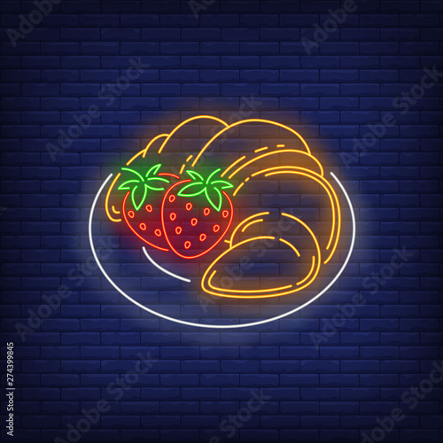 Pancakes with strawberries neon sign. Restaurant, cafe, breakfast design. Night bright neon sign, colorful billboard, light banner. Vector illustration in neon style.