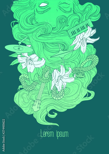 Vector hand drawn art with girl mermaid hair, musical instruments and snake. Rock indie music poster, t-shirt, print design