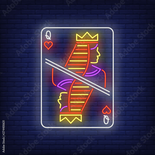Queen of hearts playing card neon sign. Gambling, poker, casino, game design. Night bright neon sign, colorful billboard, light banner. Vector illustration in neon style.
