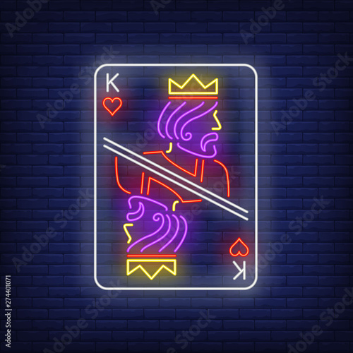King of hearts playing card neon sign. Gambling, poker, casino, game design. Night bright neon sign, colorful billboard, light banner. Vector illustration in neon style.
