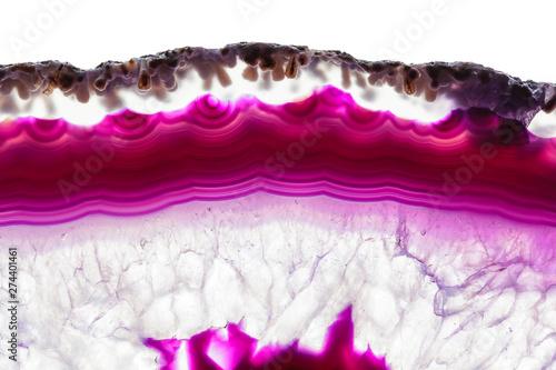 Purple violet agate slice striped mineral isolated on white, abstract background