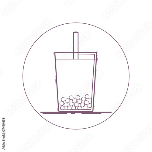 Vector icon of bubble tea in a glass with straw. Line icon in circle. Isolated on white background.