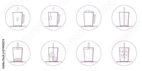 Vector set of beverage icons. Hot and cold drinks: coffee, tea, marshmallow cocoa, hot chocolate, bubble tea, lemonade, sparkling water, smoothie. Line icon in circle. Isolated on white background.