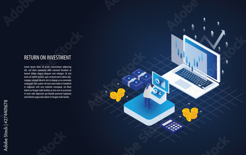 Isometric return on investment  in a laptop with analyst, arrow and gold coin. business growth arrows to success. background vector