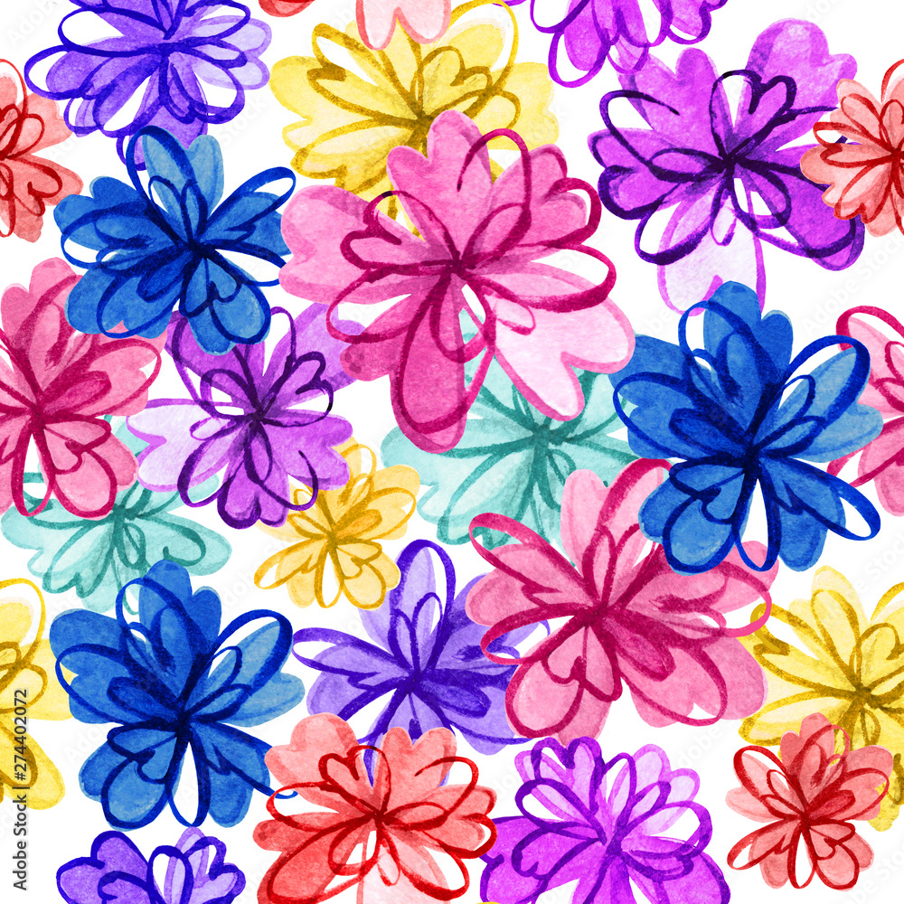 Obraz premium Seamless hand painted pattern with flowers and leaves. Floral ornament. Watercolor