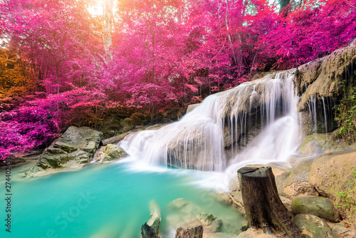 Amazing in nature, beautiful waterfall at colorful autumn forest in fall season