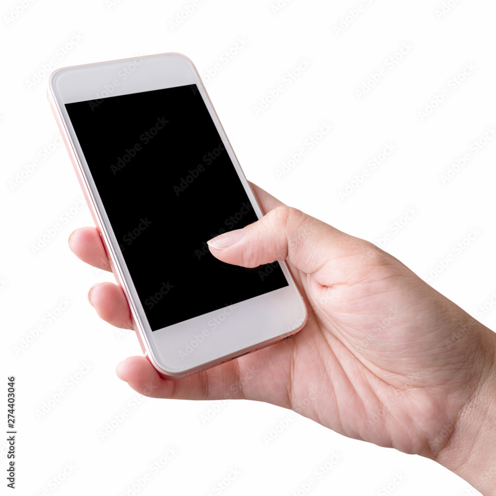 Woman hand holding smart phone with blank screen isolated on white