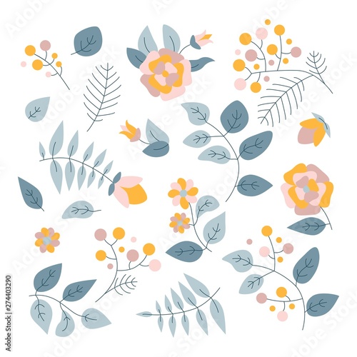 Vector floral set. Colorful floral collection with isolated leafs and flowers. Design for invitation  wedding or greeting cards.