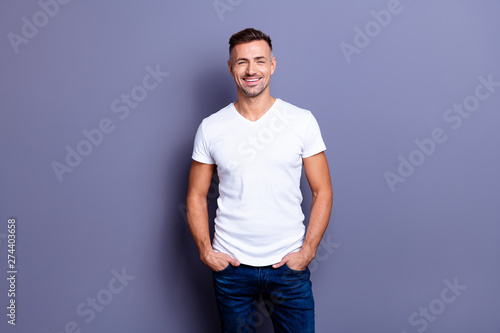 Close up photo amazing he him his middle age macho perfect appearance easy-going reliable person show white teeth bristle wear casual jeans denim pants trousers white t-shirt isolated grey background