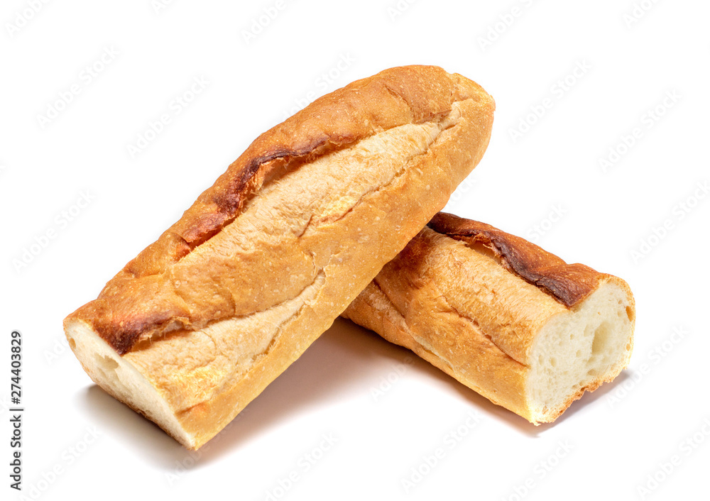 Baguette cut in half. Baguette bread. French bread. Organic baguette francese on white background