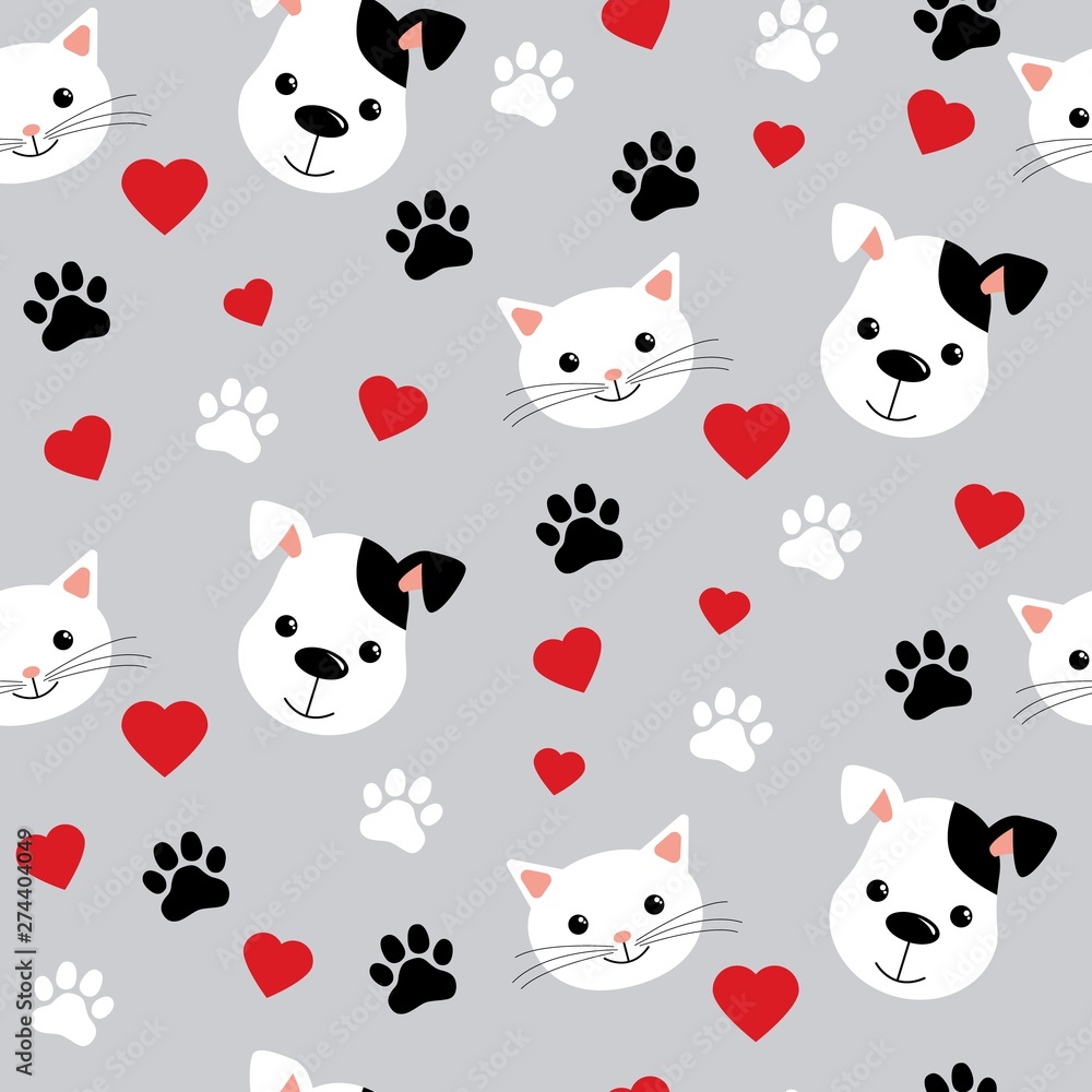 Seamless pattern with cute cats and dogs. Lovely vector illustration and design for fabrics, textile, wallpaper and background for kids. Gray background Seamless pattern with cute cats and dogs. Lovely vector illustration and design for fabrics, textile, wallpaper and background for kids. Gray background