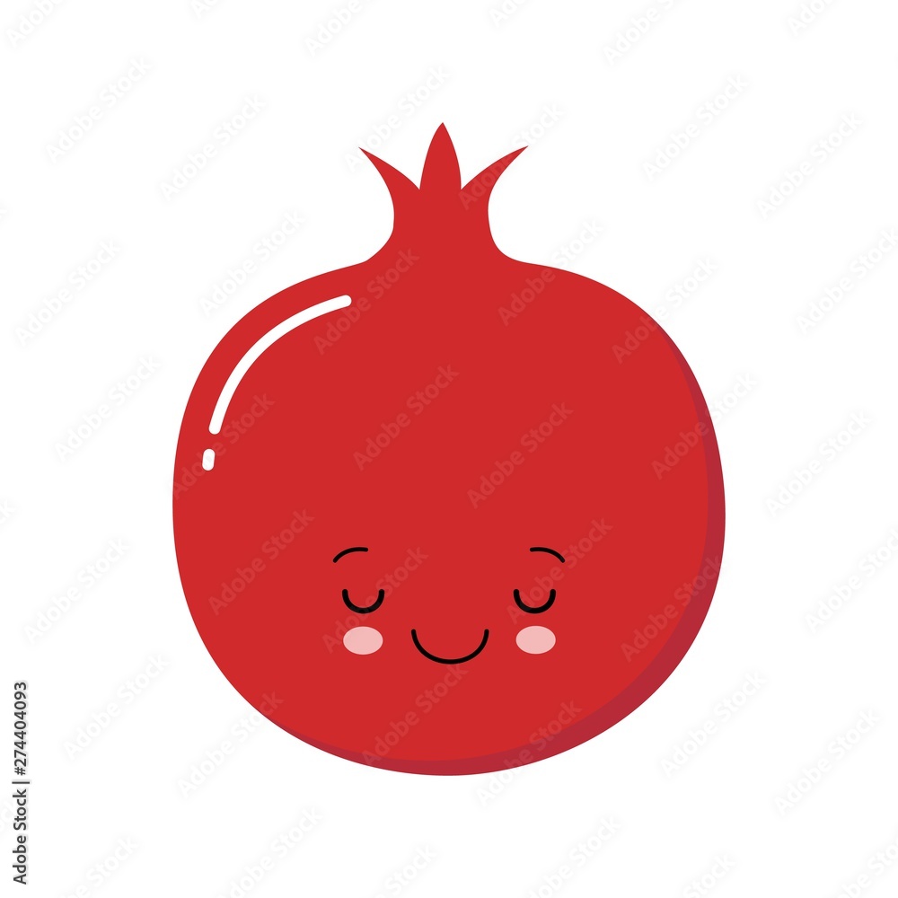 Obraz Cute Kawaii Garnet, Cartoon Ripe Fruit. Vector illustration of Cartoon Pomegranate with Kind Eyes and Smile, Funny Emoji. Juicy Fruity Sticker.