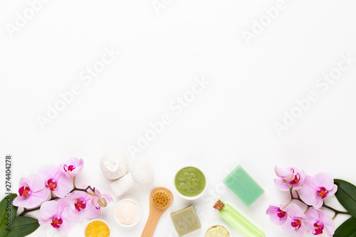 Spa still life with aromatherapy, herbal oil, soap, sea salt.