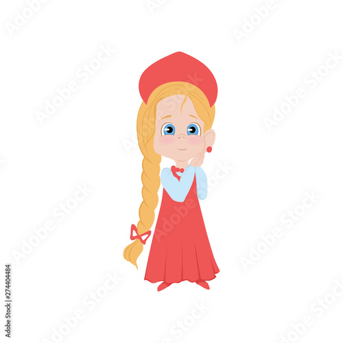 Cute russian blonde girl in red dress with long hair