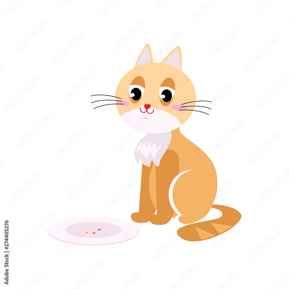Fototapeta premium Cute orange cat was eaten all food from plate