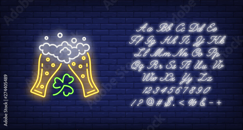 Clinking beer glasses with clover neon sign. Saint Patricks Day design. Night bright neon sign, colorful billboard, light banner. Vector illustration in neon style.