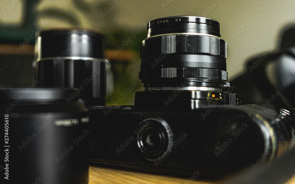Old, vintage, retro style camera and camera lenses, bottom view