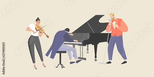 A man sings to the accompaniment of a piano and violin.