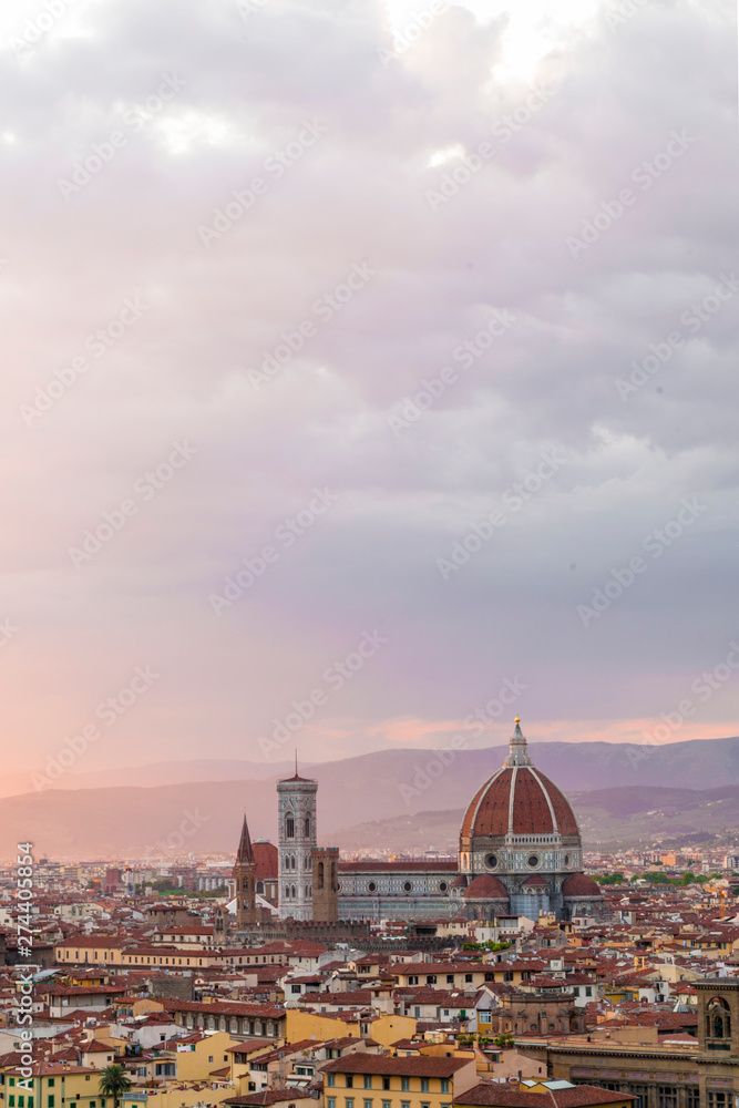 A panoramic view of Florence photographed at sunset from Piazzale Michelangelo