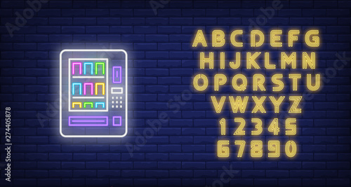 Bright vending machine neon sign. Glowing illustration of vending machine on dark blue brick background. Can be used for night advertisement, cafes, snack bars