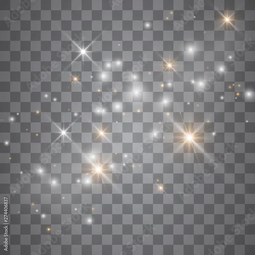 Light glow effect stars. Vector sparkles on transparent background. Christmas abstract pattern. Sparkling magic dust particles.