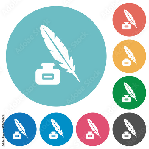 Feather and ink bottle with label flat round icons