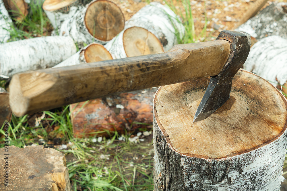 Hand sharply sharpened ax, for cutting wood. Ax in the wood