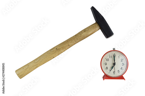Canvastavla Hammer Hitting Alarm clock , isolated on white