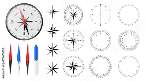 Navigational compass with set of additional dial faces, wind roses and directional needles.