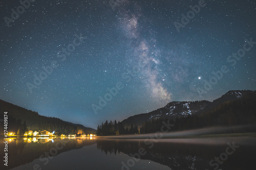 Milky way over lake Spitzingsee in the bavarian alps photo
