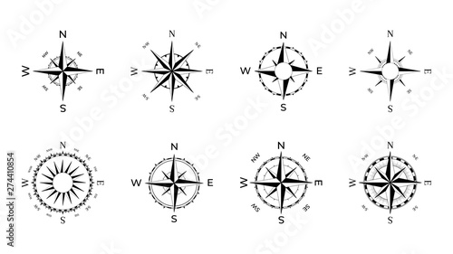 Compass rose of winds with directional dials for vintage and modern navigation devices. photo