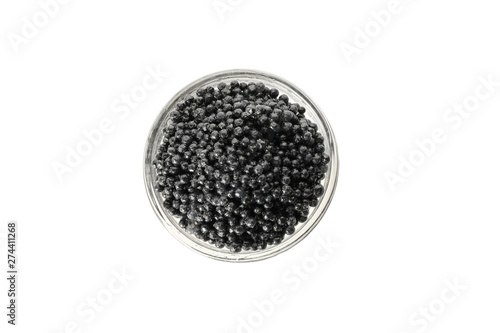 Glass jar with caviar isolated on white background