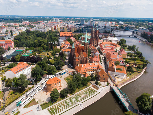 The aerial view of Wroclaw: Ostrow Tumski, Cathedral of St. John the Baptist and Collegiate Church of the Holy Cross and St. Bartholomew