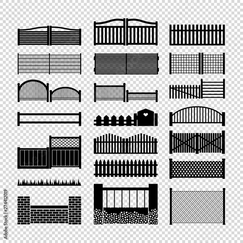 Vector set of fence.Chain, stone, brick, wooden, metal gate. Game design elements, Laser cut silhouettes collection .