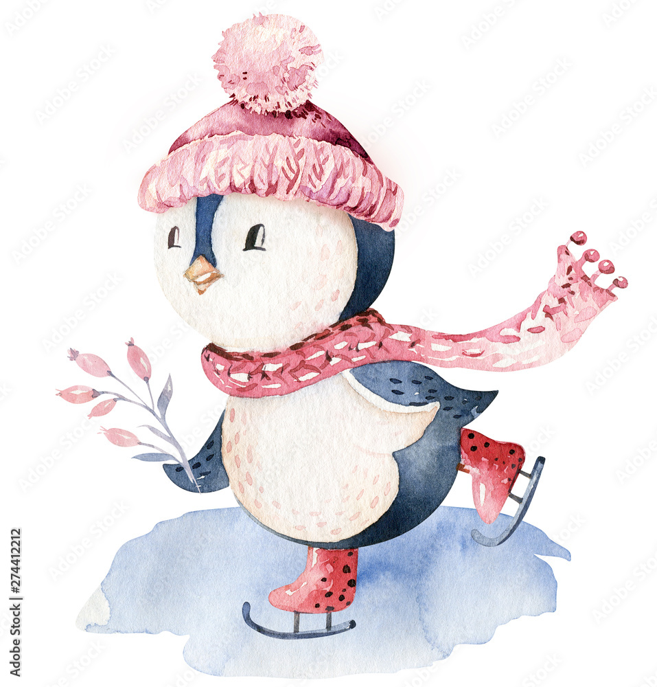 Watercolor merry christmas character penguin illustration. Winter cartoon  isolated cute funny animal design card. Snow holiday season xmas penguins.  Stock Illustration | Adobe Stock