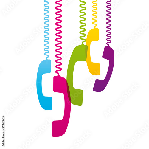 Vector hanging classic phones in different colors. Isolated on white background.