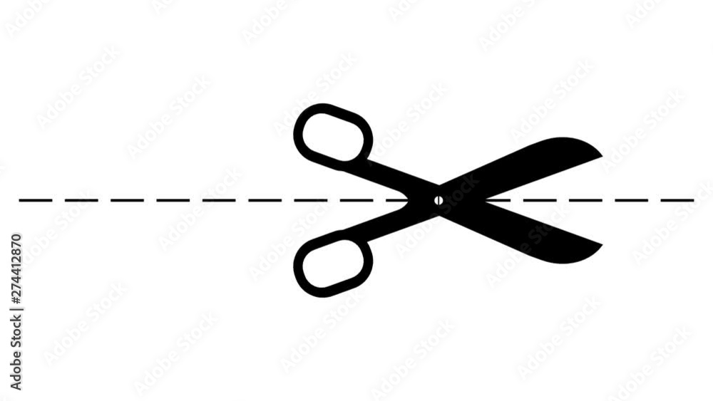 animation of cutting scissors along dashed line. White background animation of cutting scissors along dashed line. White background