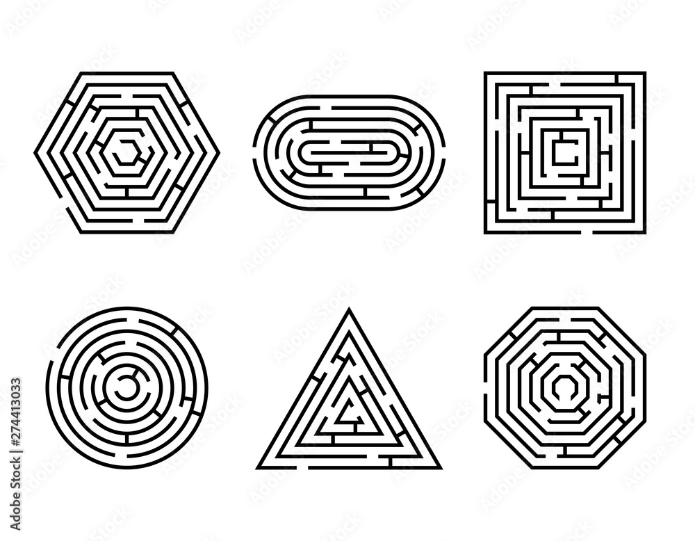 Labyrinth different shapes game and maze fun puzzle set isolated on white background. Maze square, round, hexagon, oval and triangle puzzle riddle logic game concept. Vector illustration Labyrinth different shapes game and maze fun puzzle set isolated on white background. Maze square, round, hexagon, oval and triangle puzzle riddle logic game concept. Vector illustration